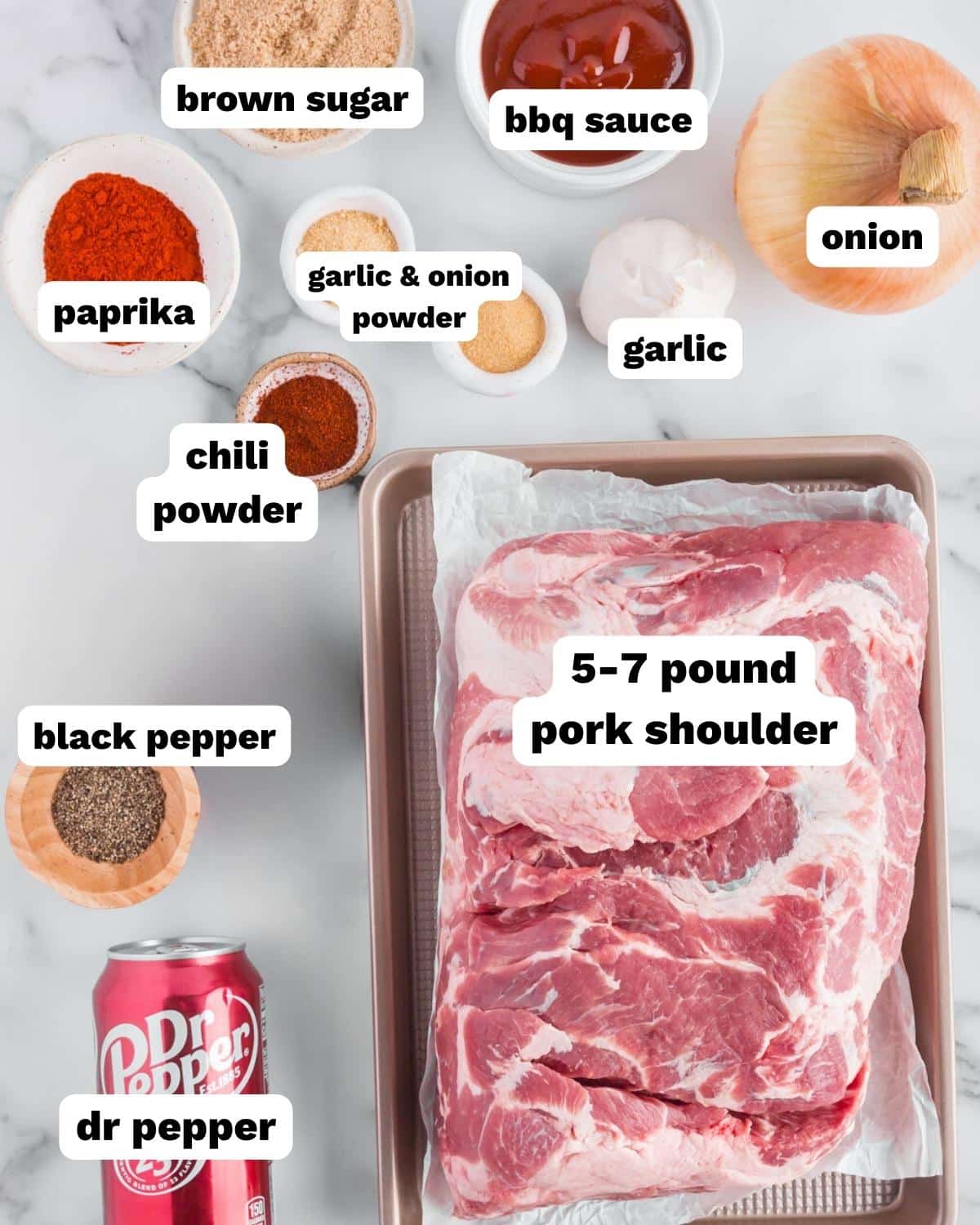 ingredients for dr pepper pulled pork on a table