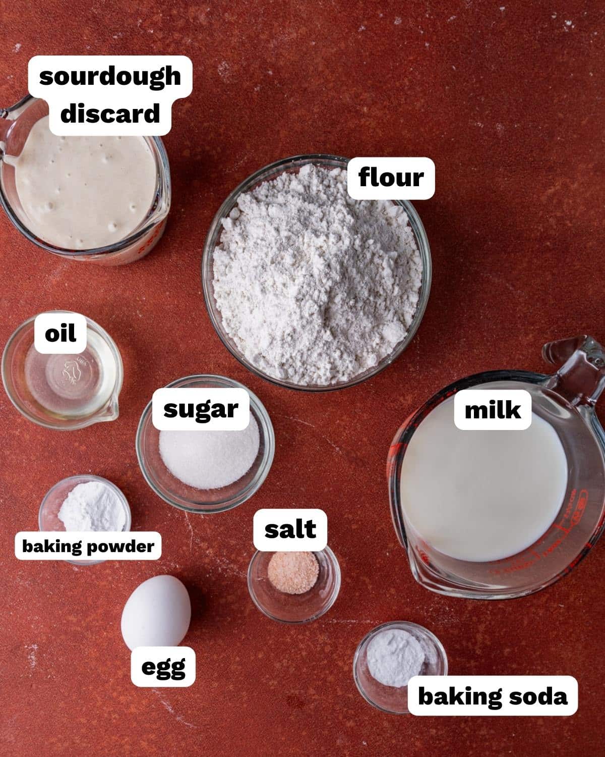 ingredients for sourdough pancakes on a table