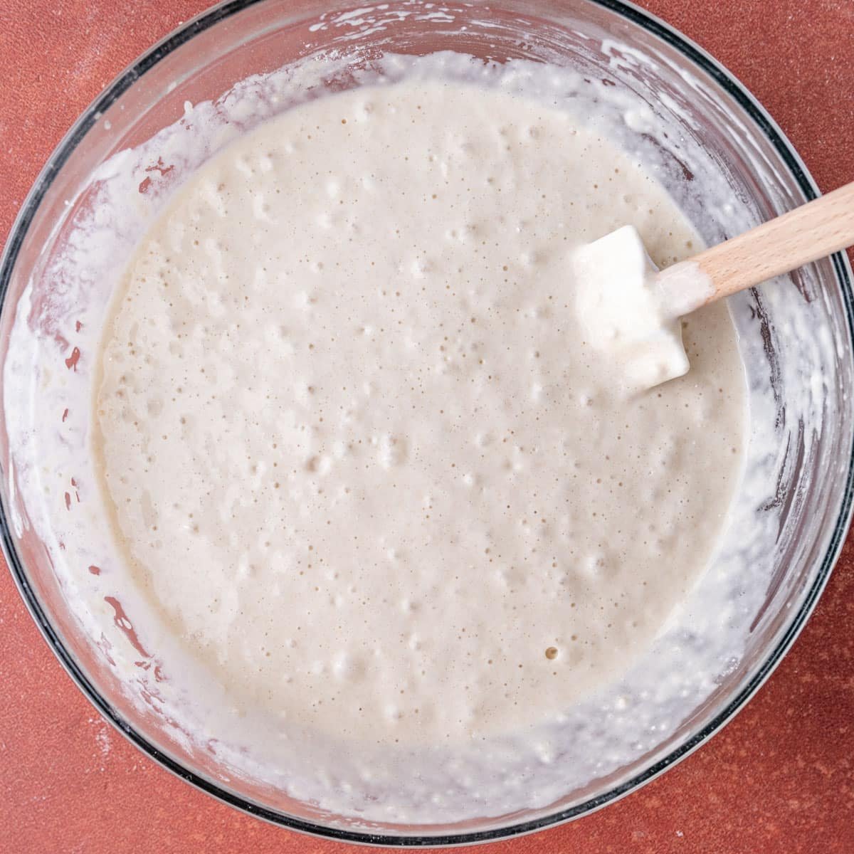 sourdough pancake batter in a glass bowl