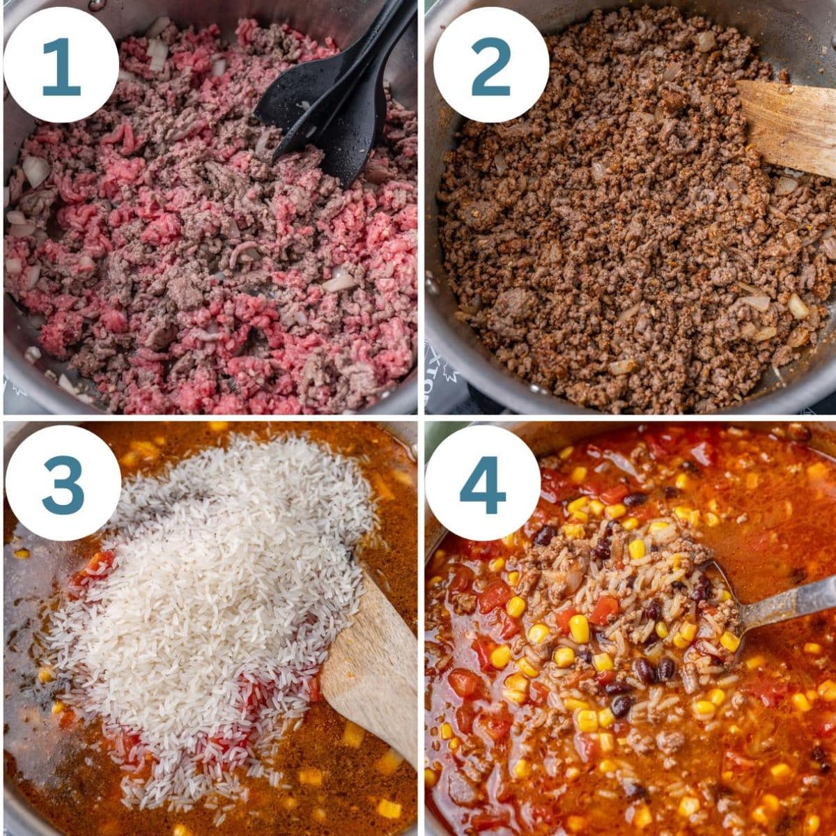 collage of how to make beef rice soup