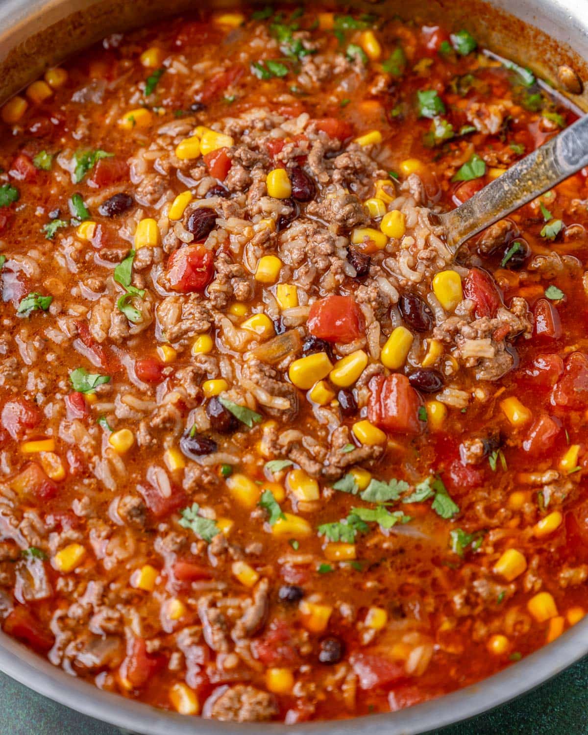 closeup of a ladle of beef and rice soup