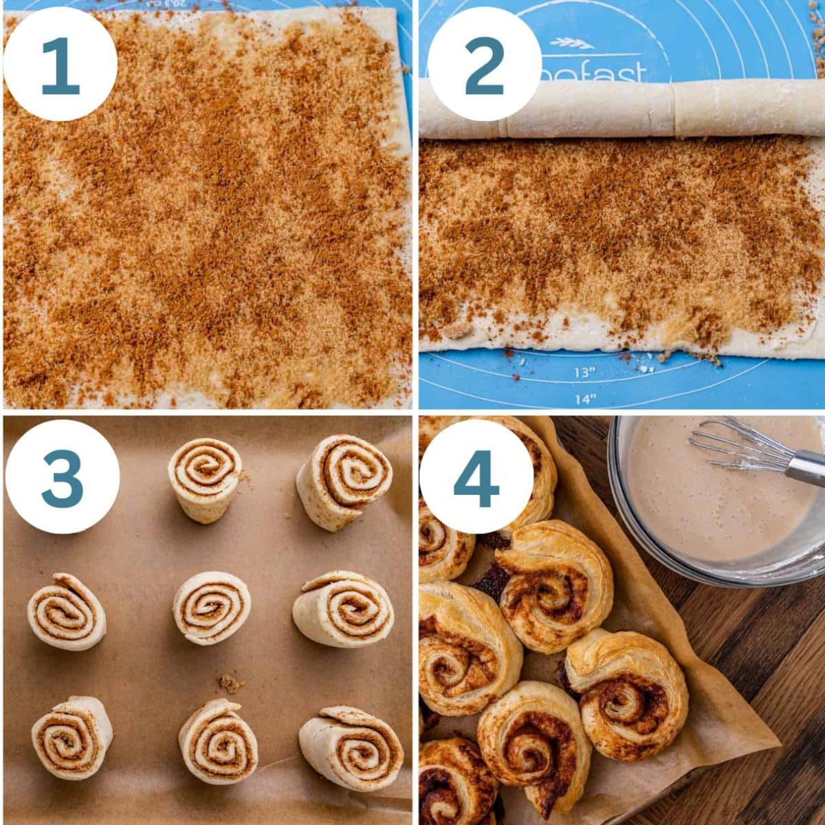 collage of how to make puff pastry cinnamon rolls