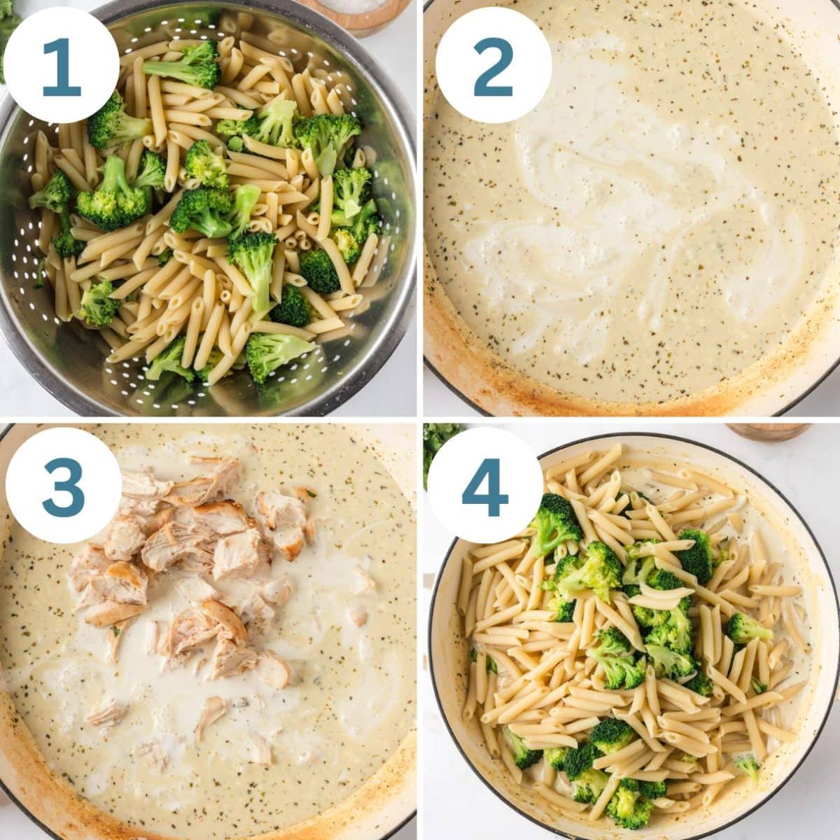 collage of how to make chicken broccoli pasta