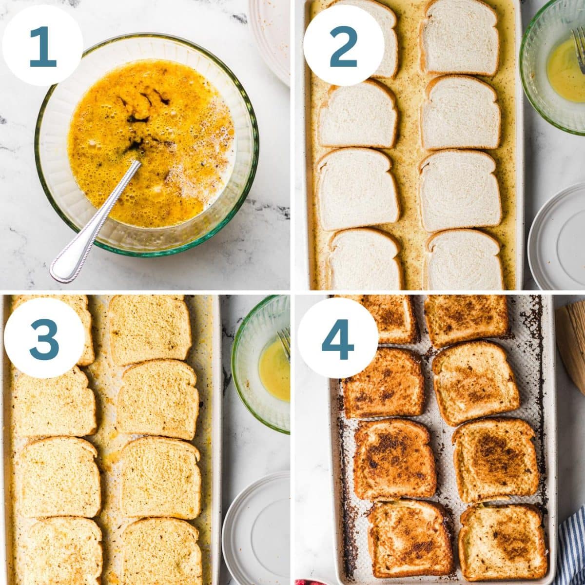 collage of how to make sheet pan french toast