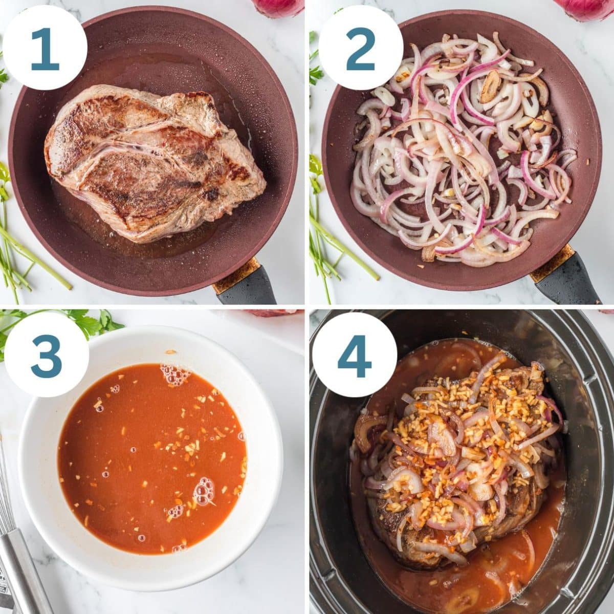 collage of how to make french onion pot roast in the slow cooker