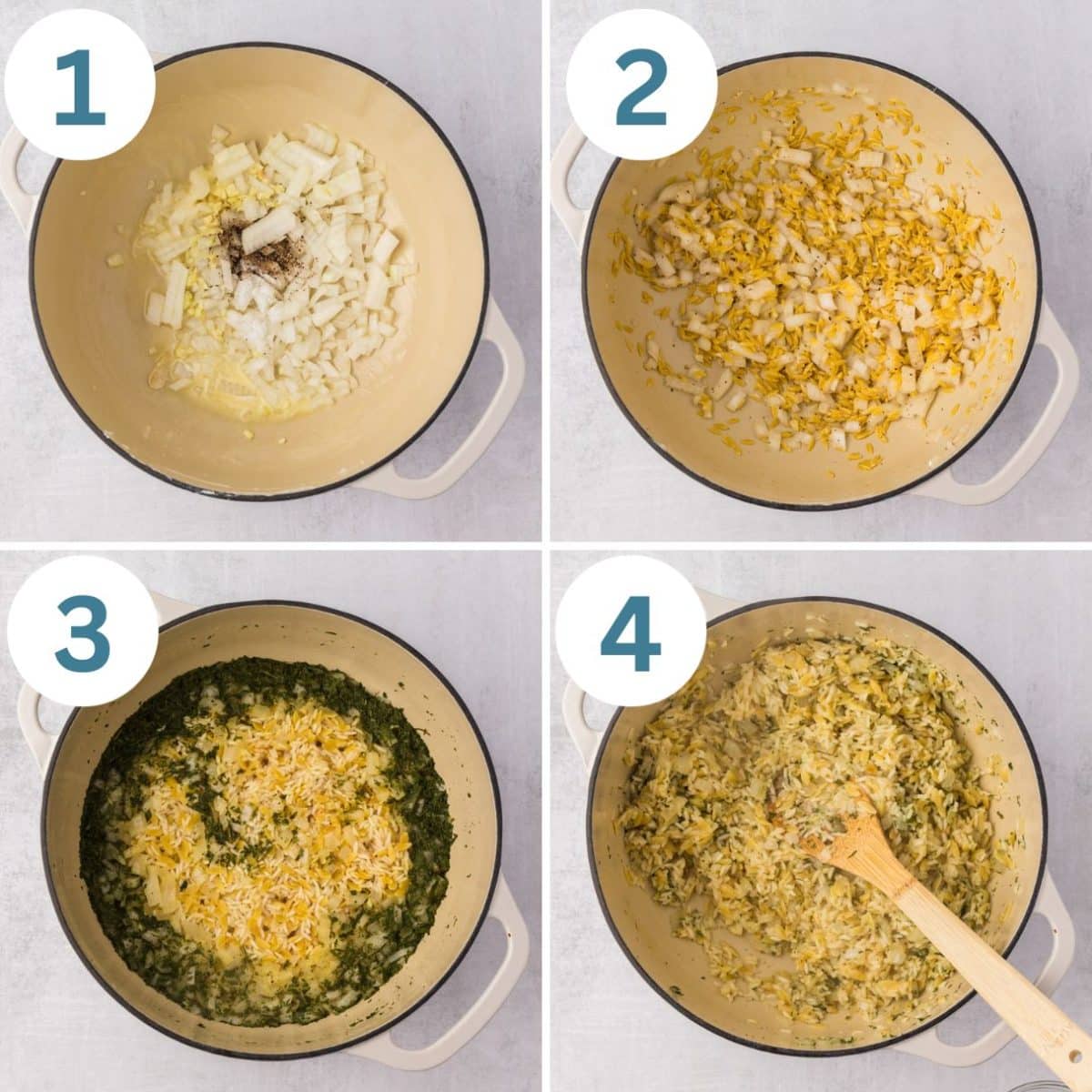 collage of how to make orzo rice pilaf