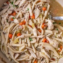 closeup of homemade chicken noodle soup with whole chicken