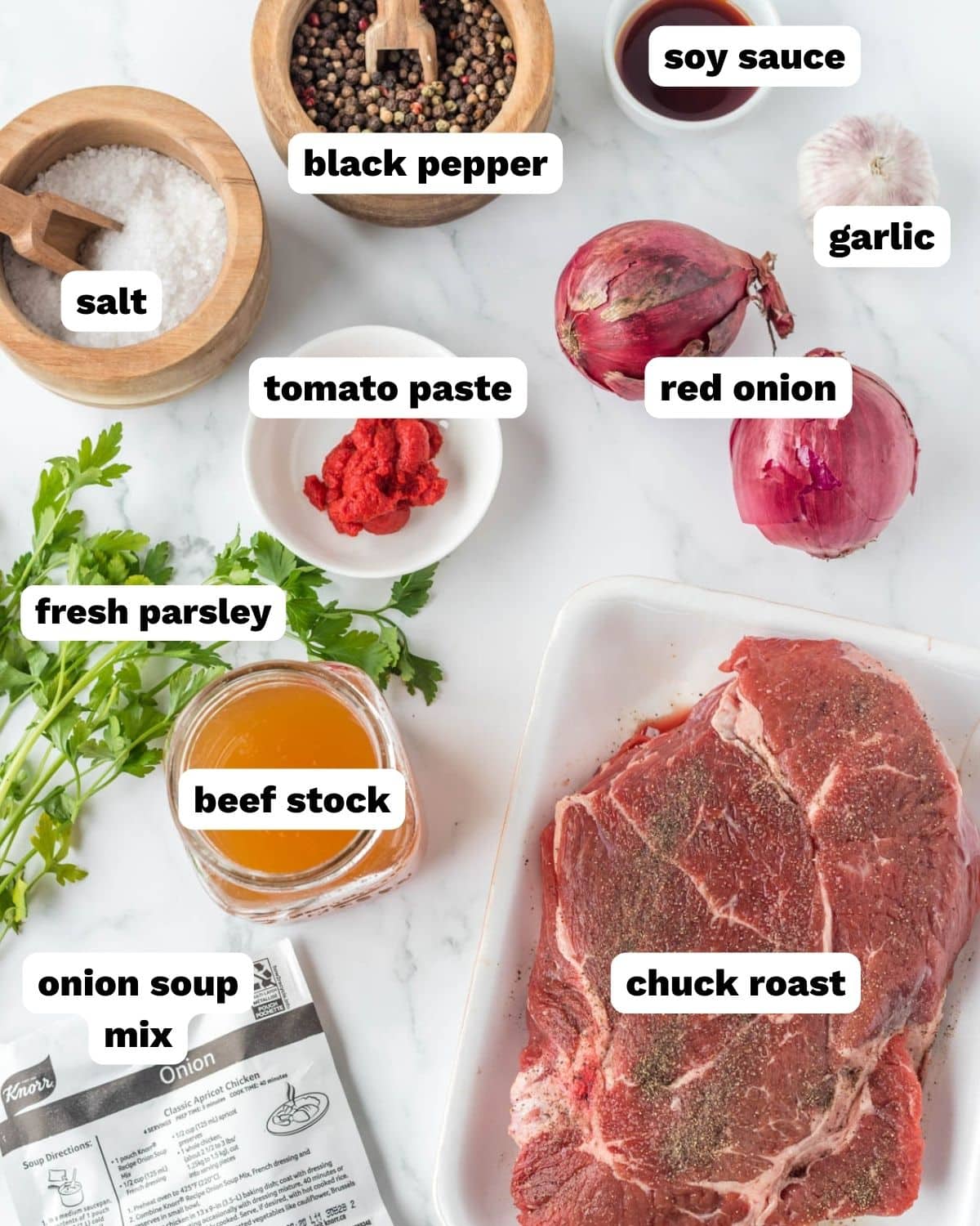 ingredients for slow cooker french onion pot roast on a table