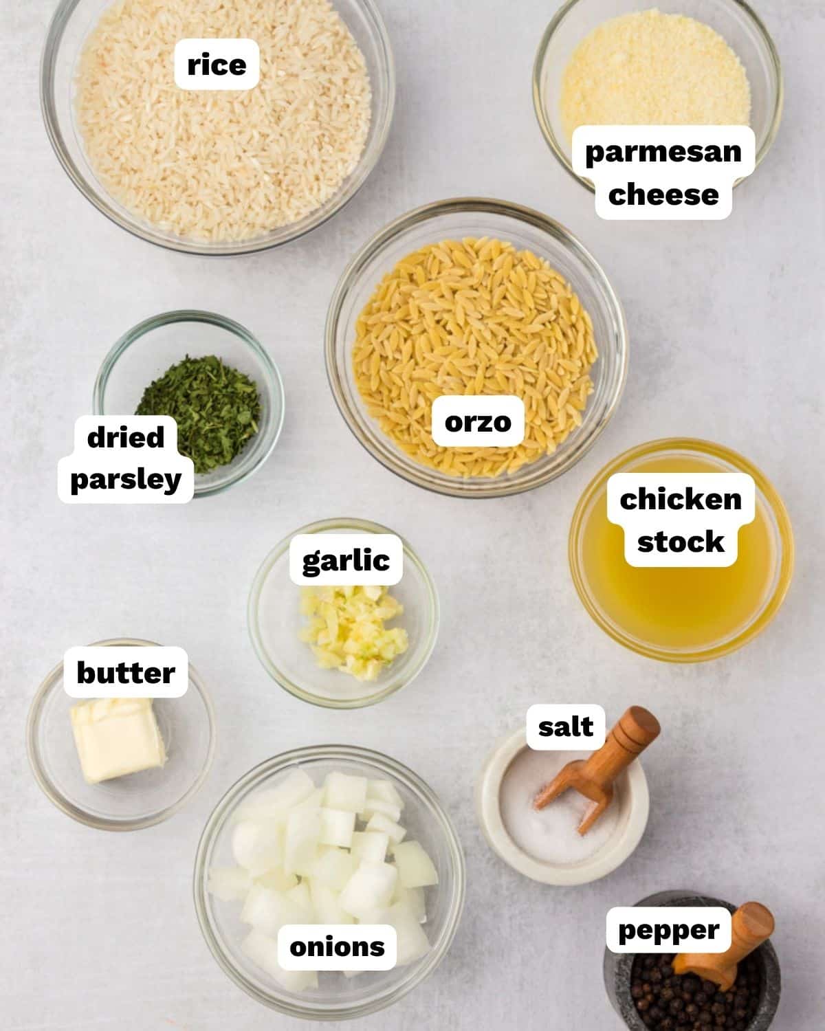 ingredients for orzo rice pilaf on a table