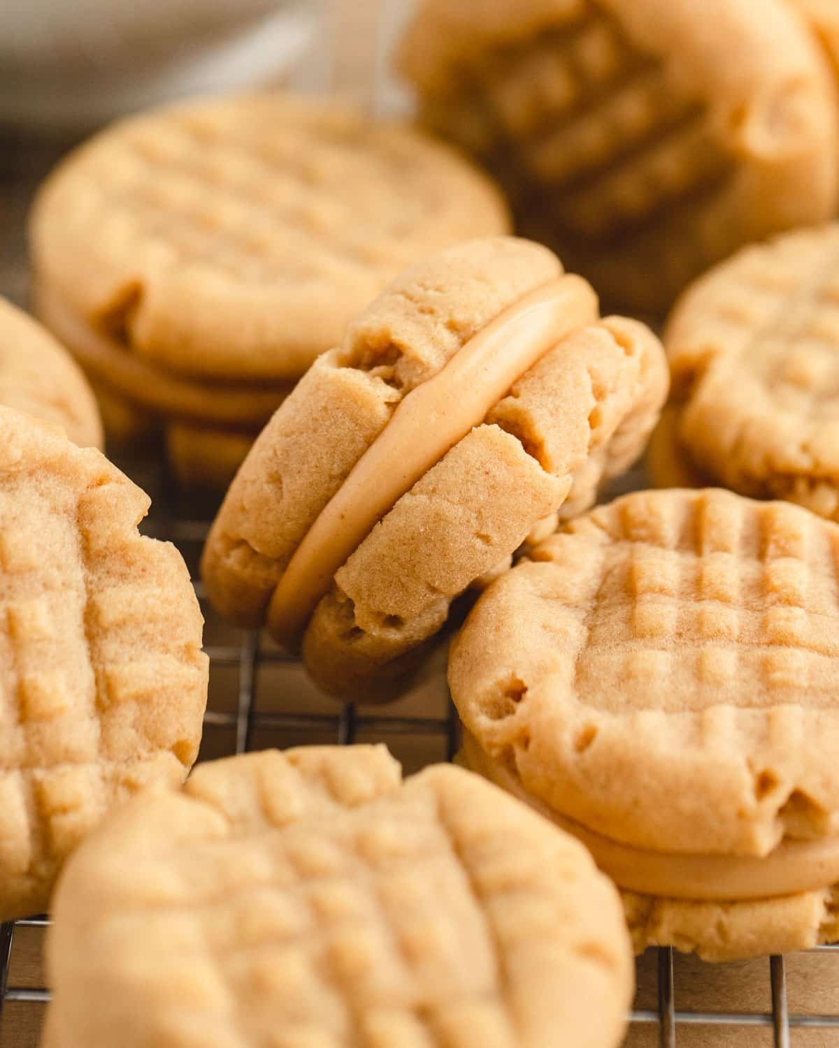 closeup of peanut butter sandwich cookies on a wire rack