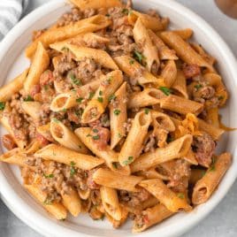 overhead view of a plate of rotel pasta