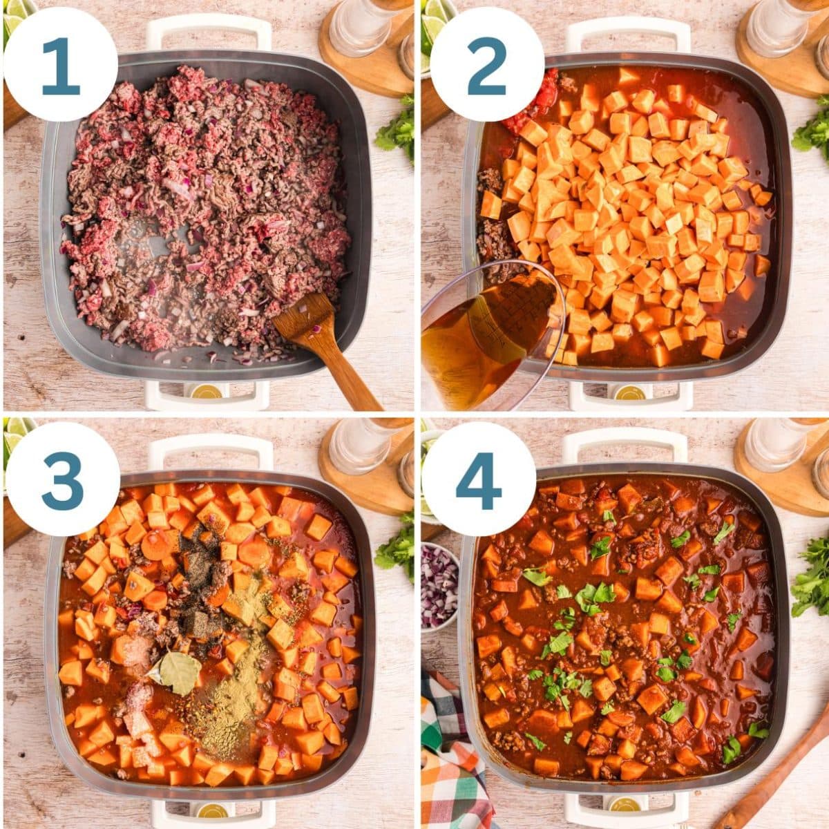 collage of how to make sweet potato chili