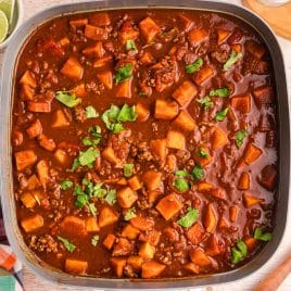 overhead view of sweet potato chili in a square pot