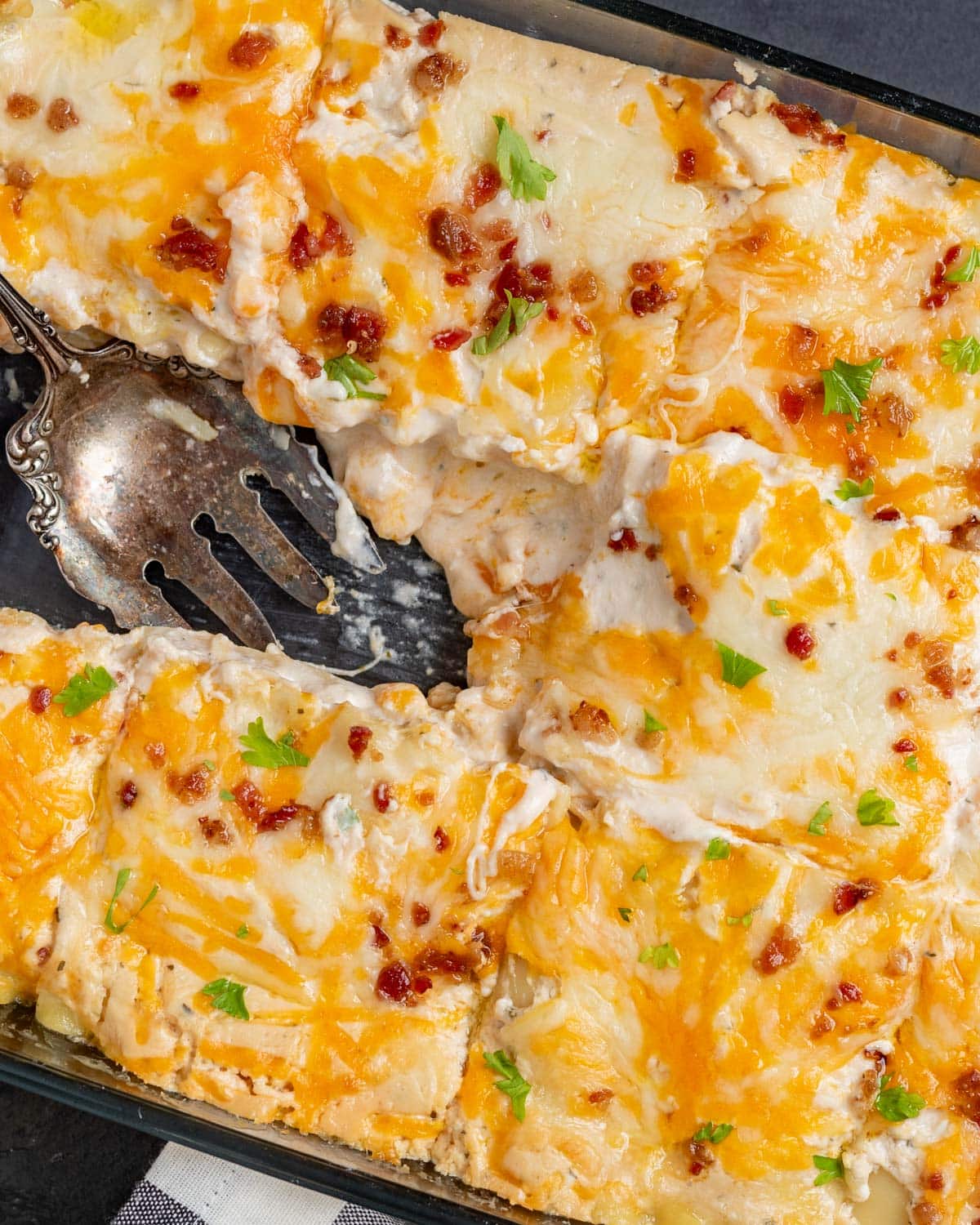 overhead view of chicken bacon lasagna