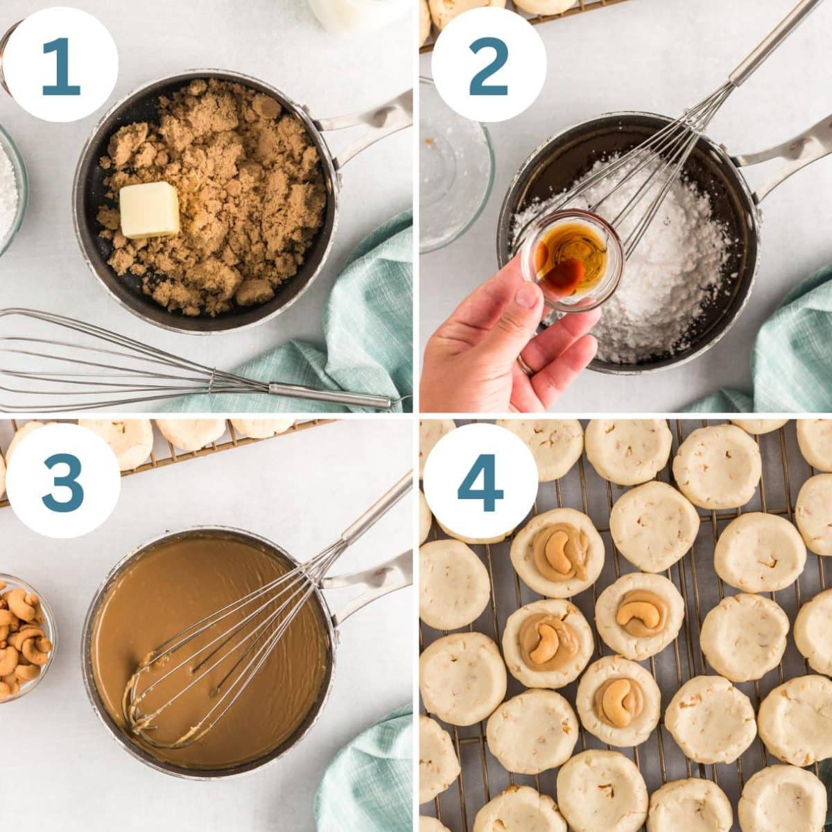 collage of how to make caramel cashew cookies