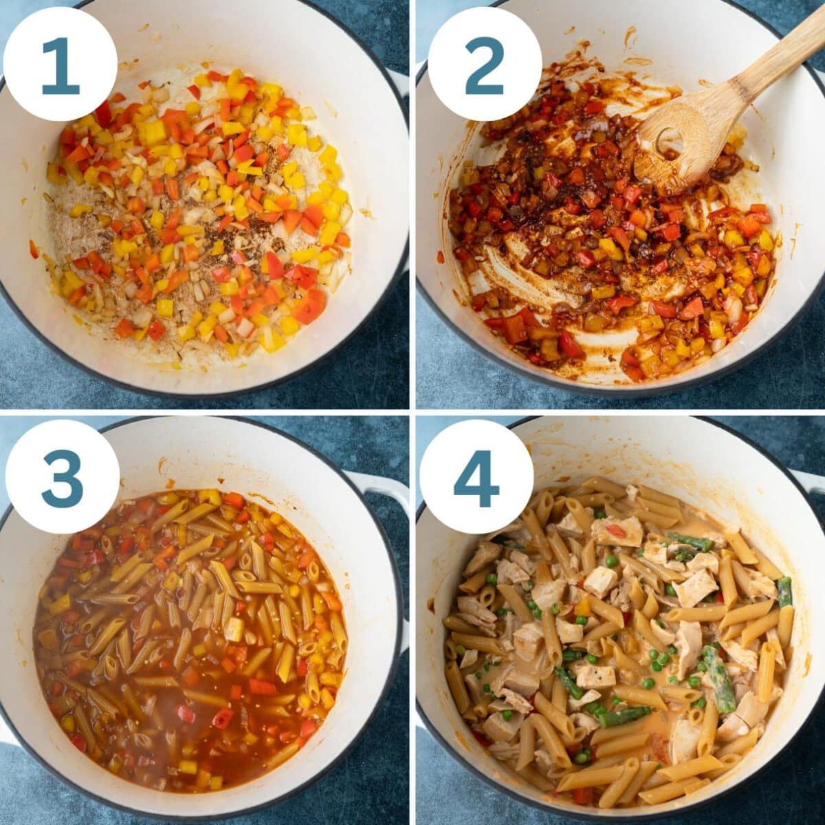 collage of how to make spicy chipotle chicken pasta