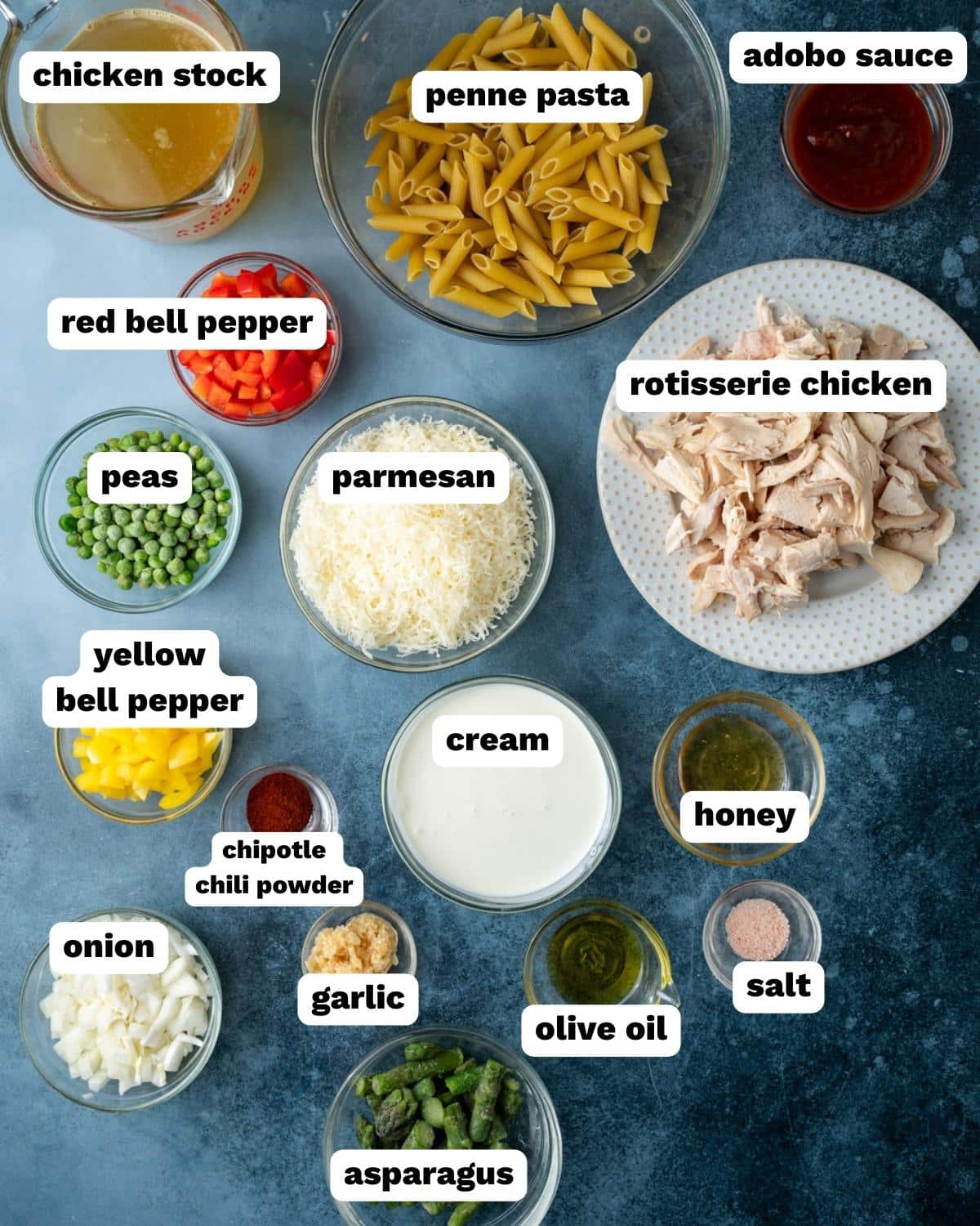 ingredients for spicy chicken chipotle pasta on a table