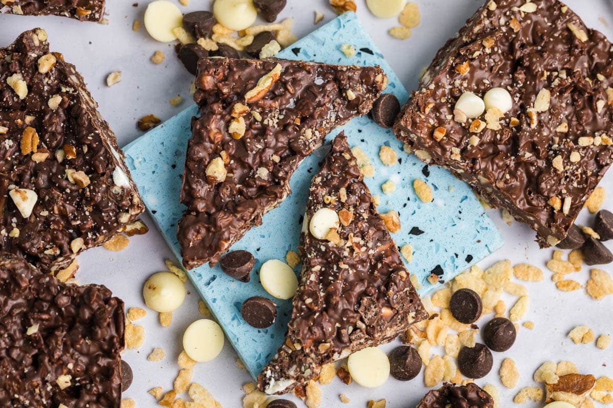 pieces of chocolate crunch candy on a table