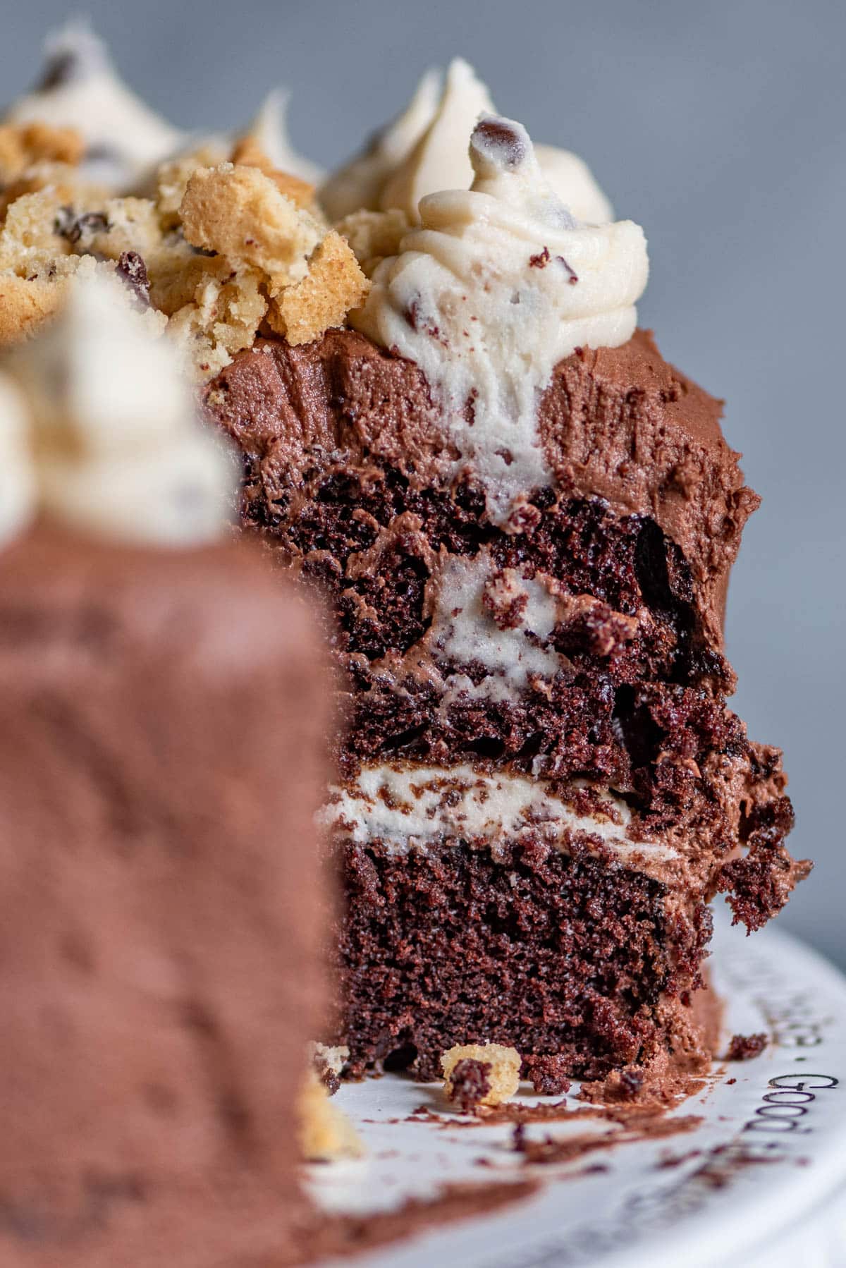 a cookie dough cake with chocolate frosting
