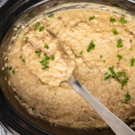 overhead view of crock pot pork chops and rice with a spoon