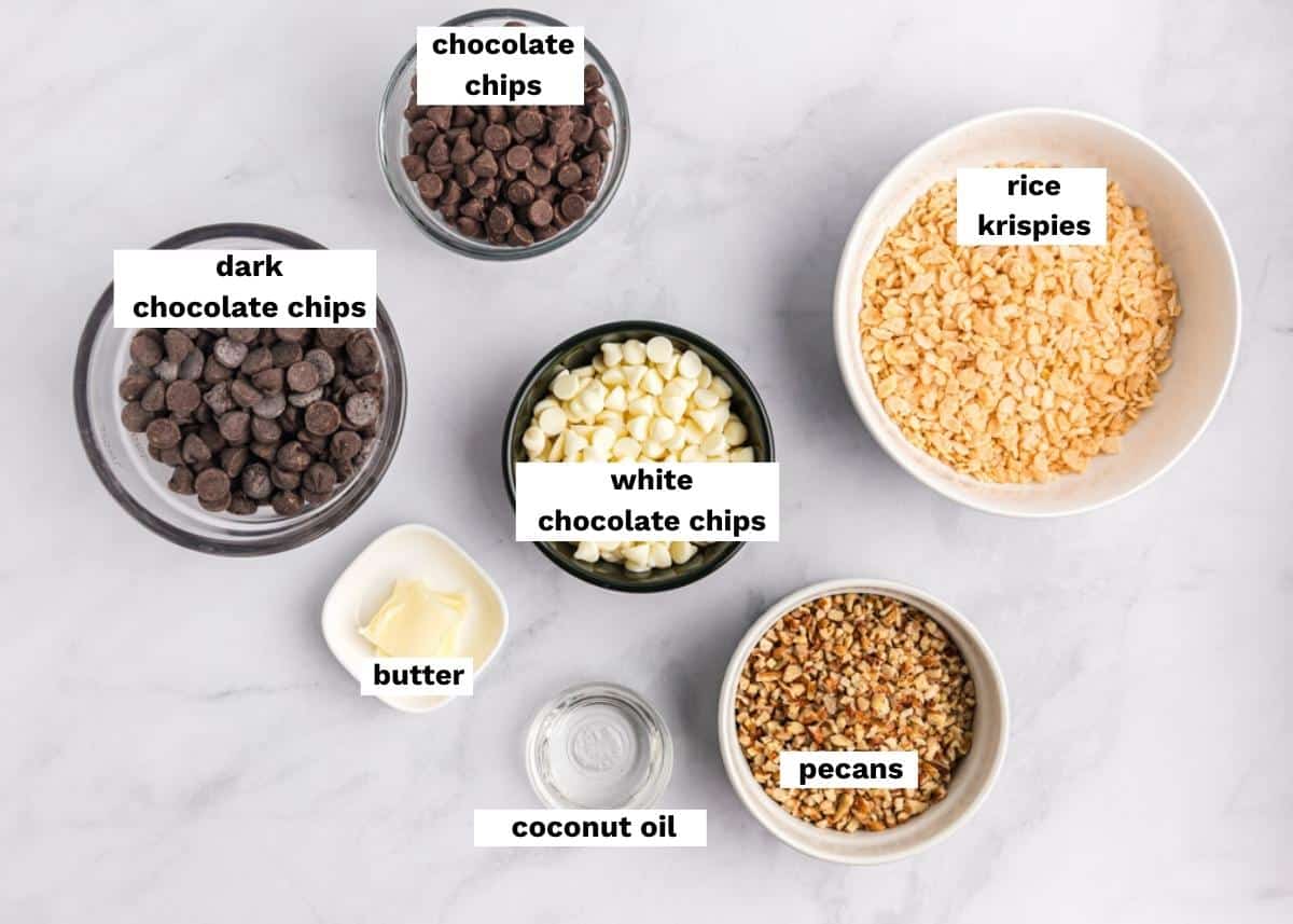 ingredients for chocolate crunch candy bars on a table