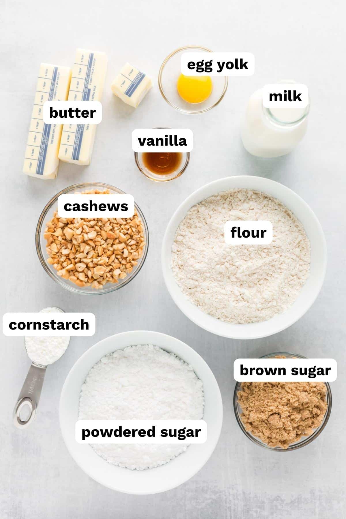 ingredients for caramel cashew cookies on a table