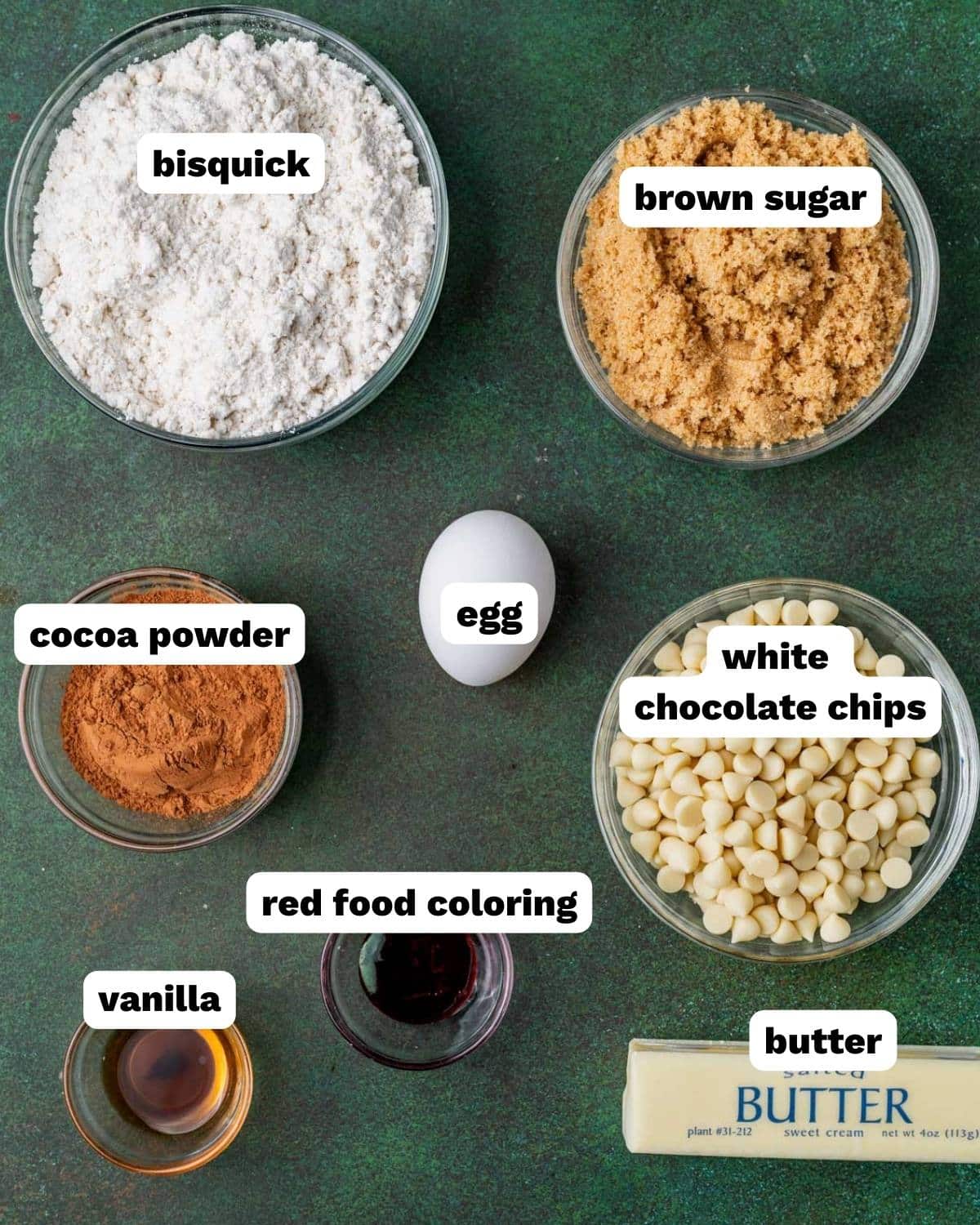 ingredients for red velvet bisquick cookies