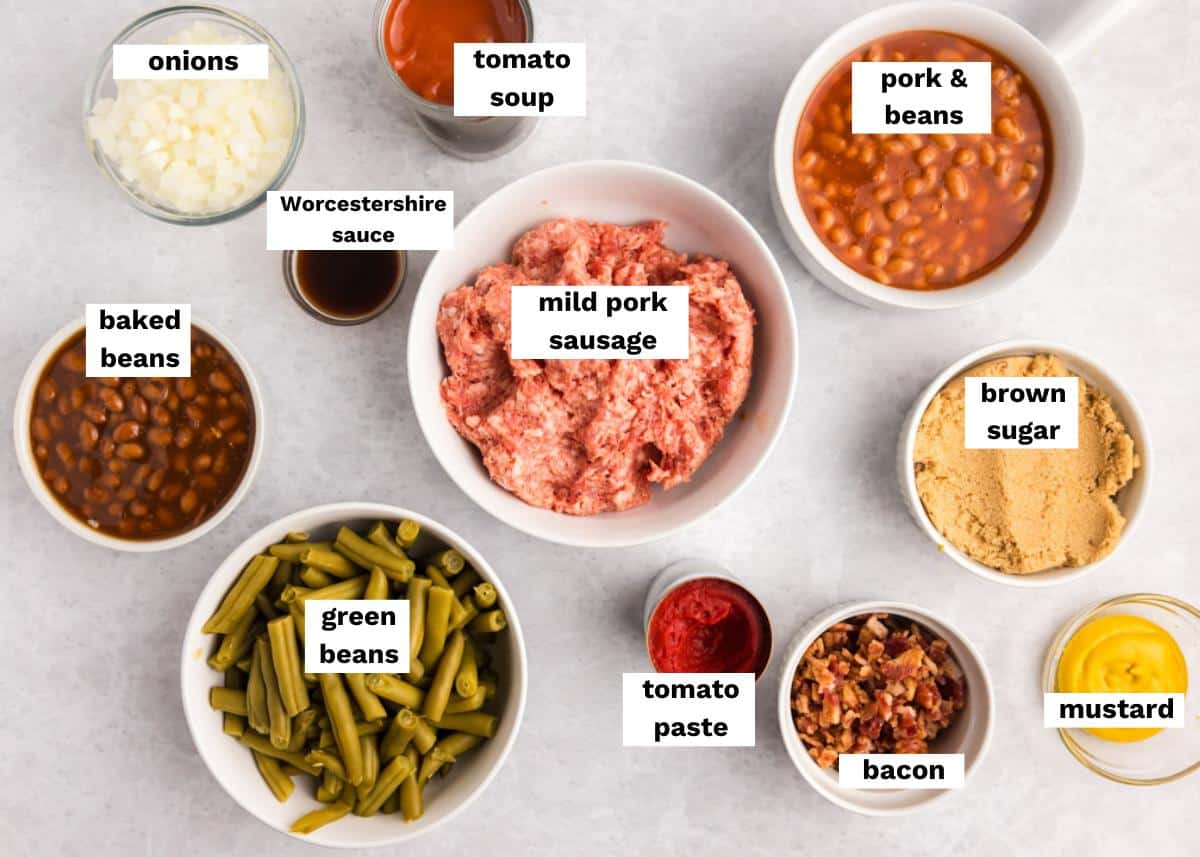 ingredients for sausage baked bean casserole on a table