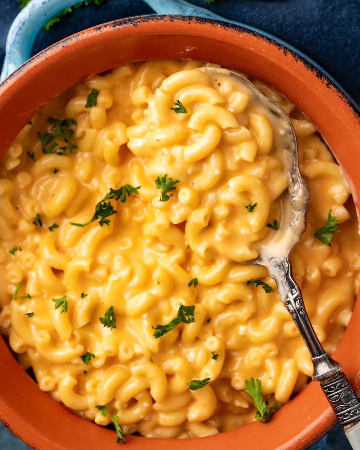 overhead view of a bowl of macaroni and cheese with fresh parsley on top