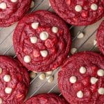 overhead view of red velvet cookies with white chocolate chips