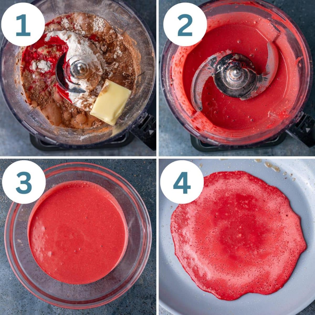 collage of how to make red velvet crepes in a food processor