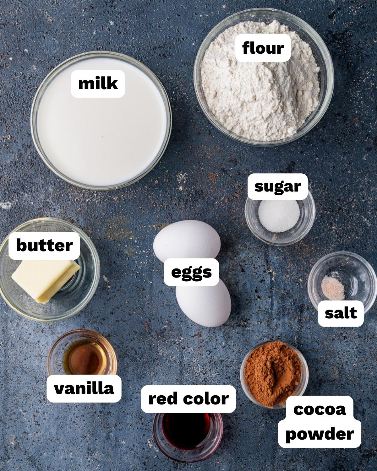 overhead view of ingredients for crepes on a table