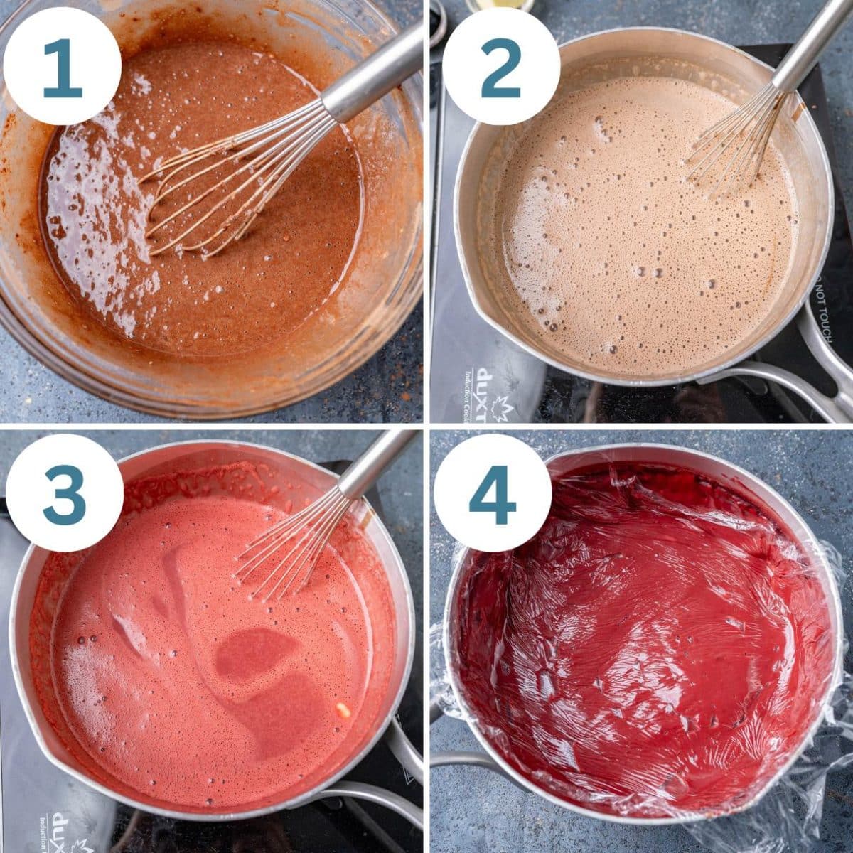 collage of how to make red velvet pudding