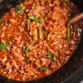 overhead view of slow cooker sausage and green bean casserole