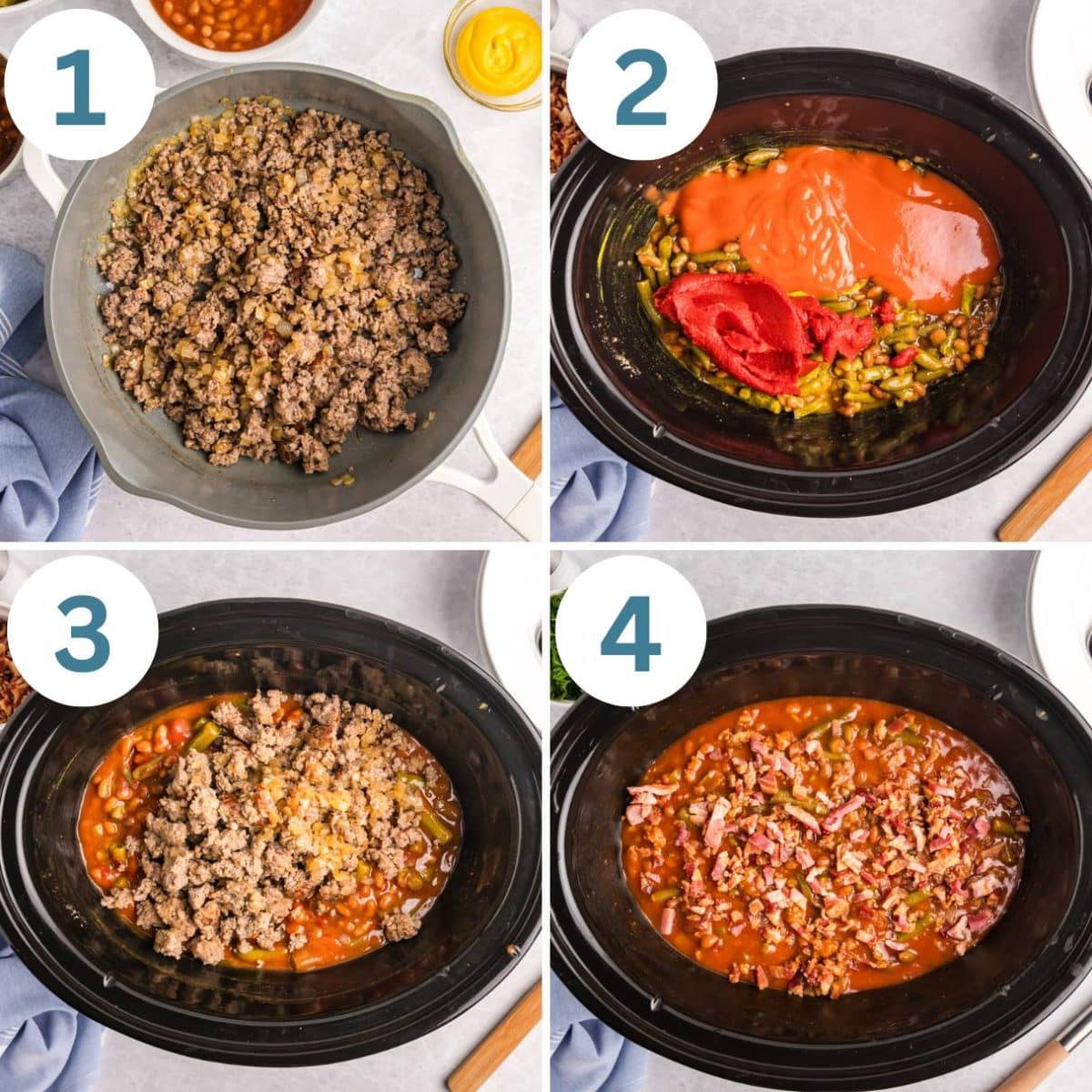 collage of how to make sausage baked bean casserole in 4 steps