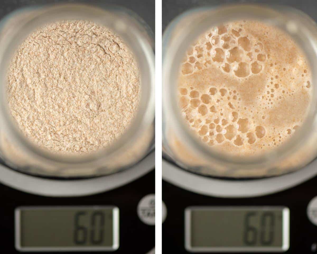 a scale with a jar on it weighing flour and yeast at 60 grams each