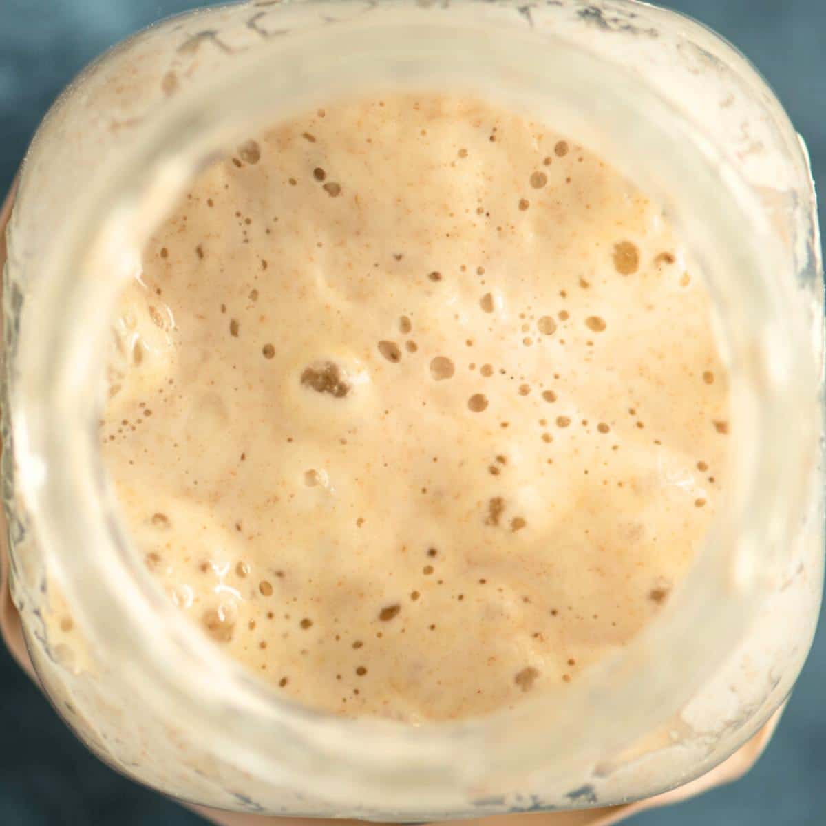 overhead view of sourdough starter in a jar