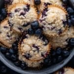 overhead view of a plate of blueberry muffins with crumb topping