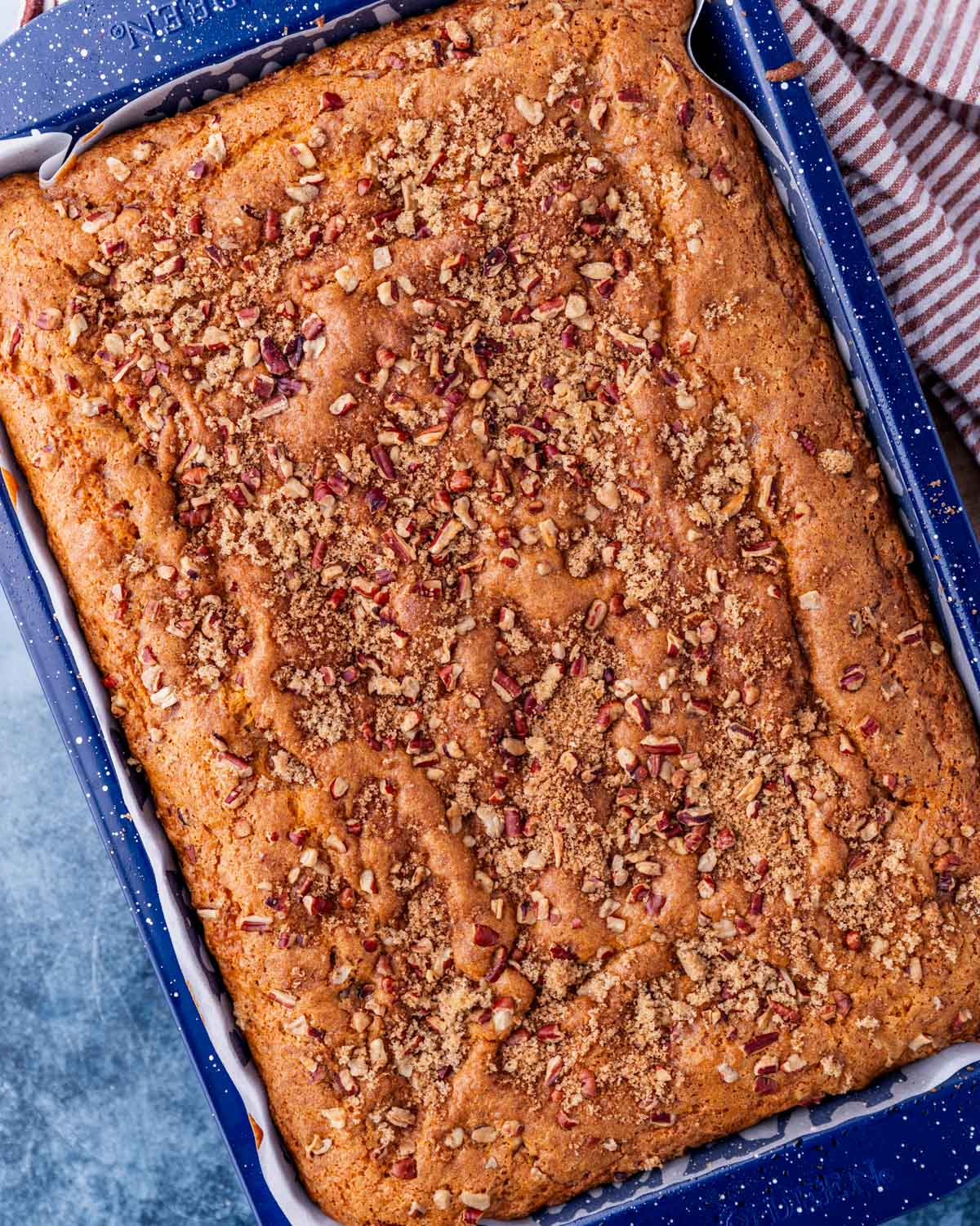 overhead view of baked butterscotch coffee cake