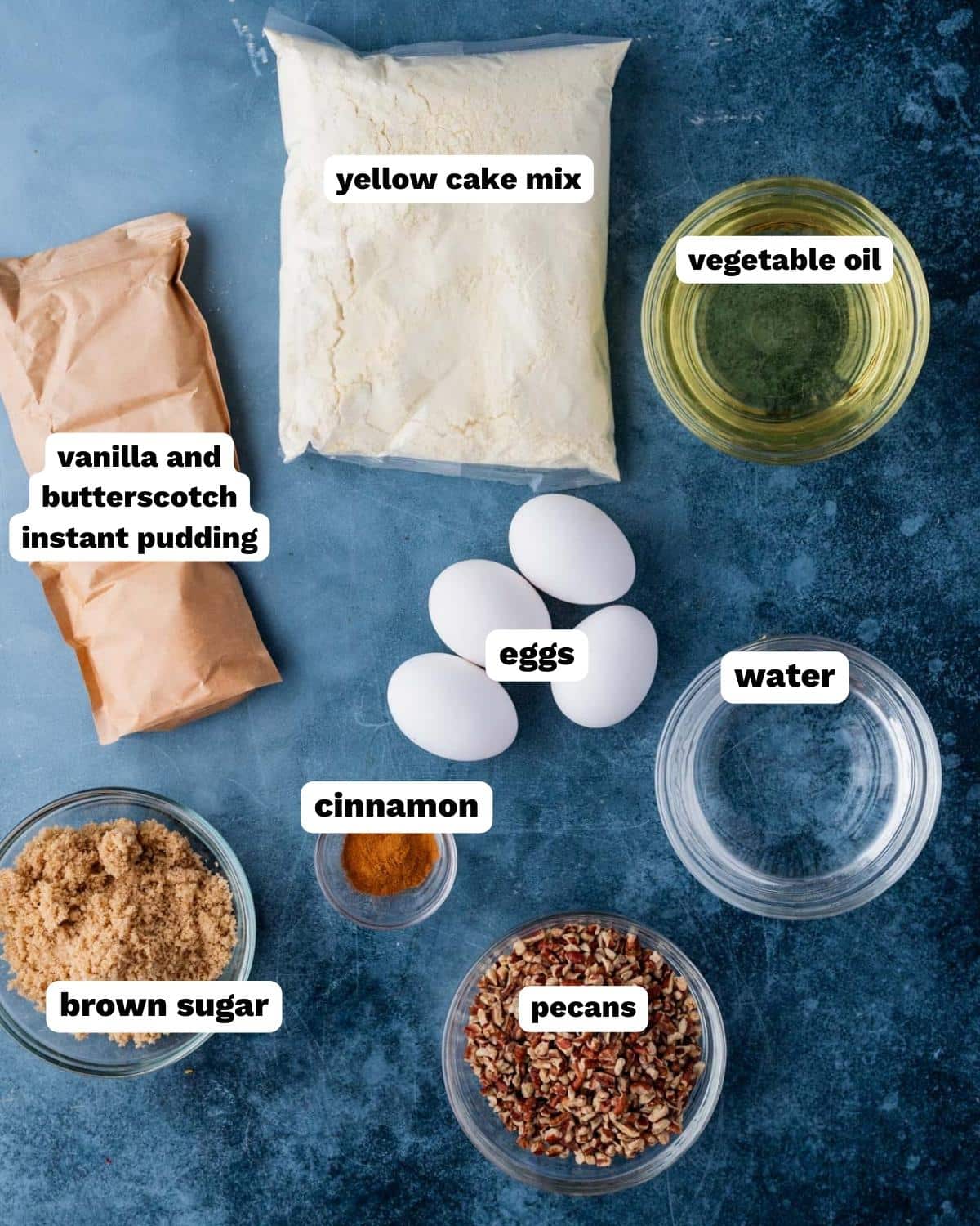 ingredients for butterscotch coffee cake on a table