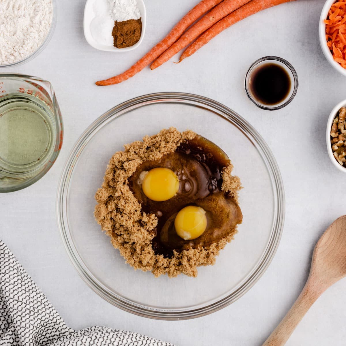 brown sugar and eggs in a mixing bowl