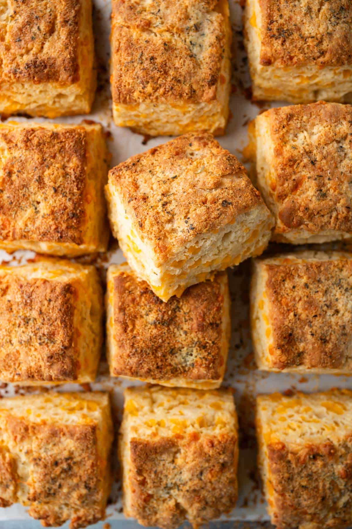 overhead view of cheddar biscuits