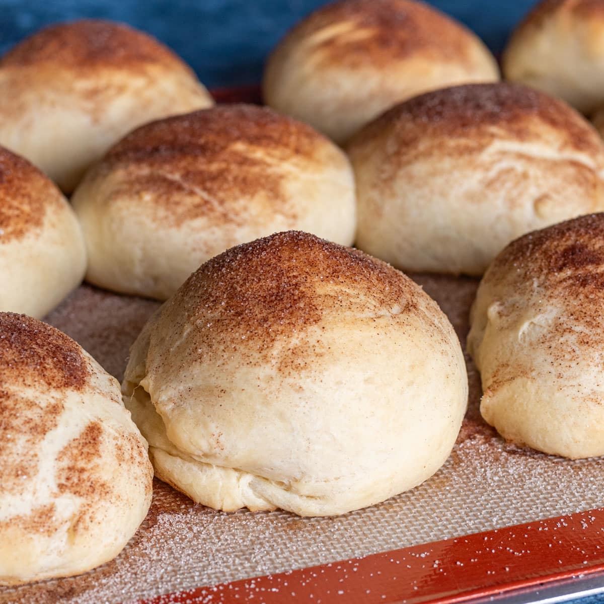 baked cinnamons sugar roll on a baking mat