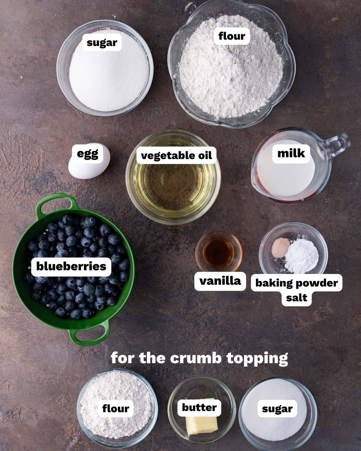 ingredients for blueberry muffins with crumb topping