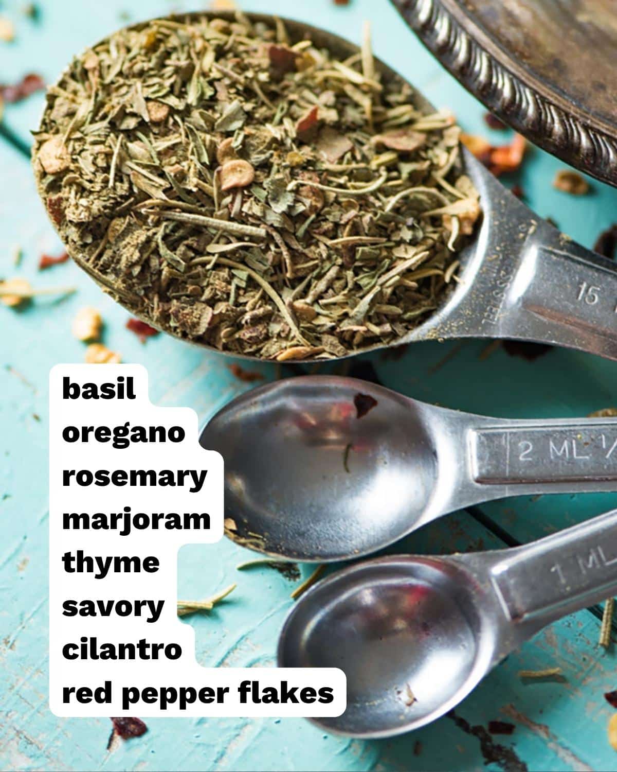 ingredients for italian seasoning listed on an image of teaspoons