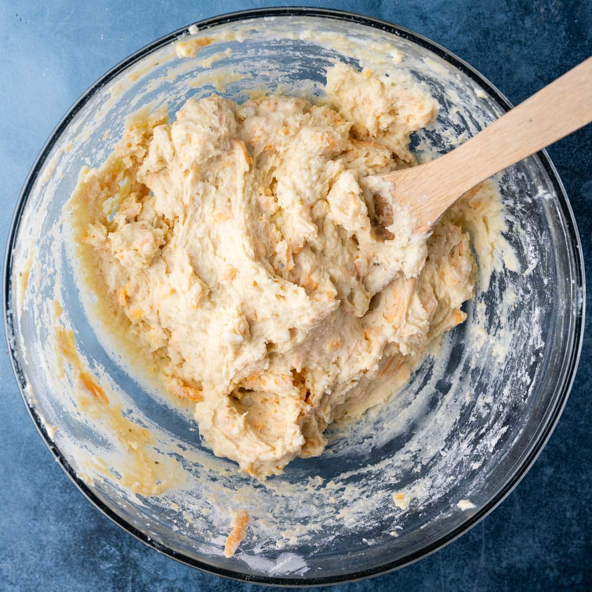 mashed potato cake batter in a bowl