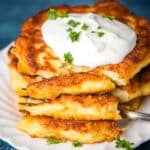 a stack of 3 potato cakes made with leftover mashed potatoes