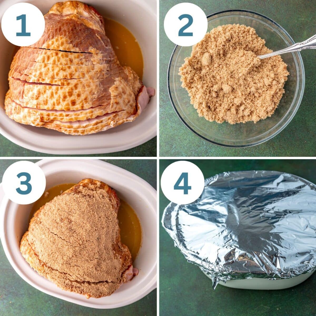 collage of how to make slow cooker ham