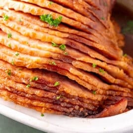 closeup of brown sugar ham in a slow cooker