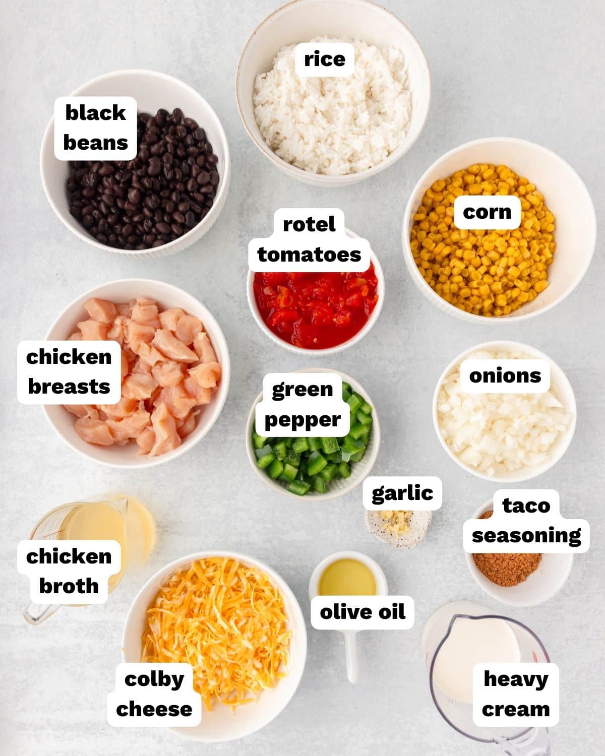 ingredients for mexican chicken and rice on a table